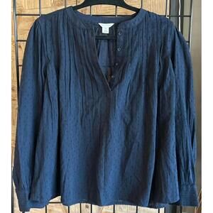 Caslon Womens Top Size XXS Navy Blue Long Sleeve Pleated Button Up